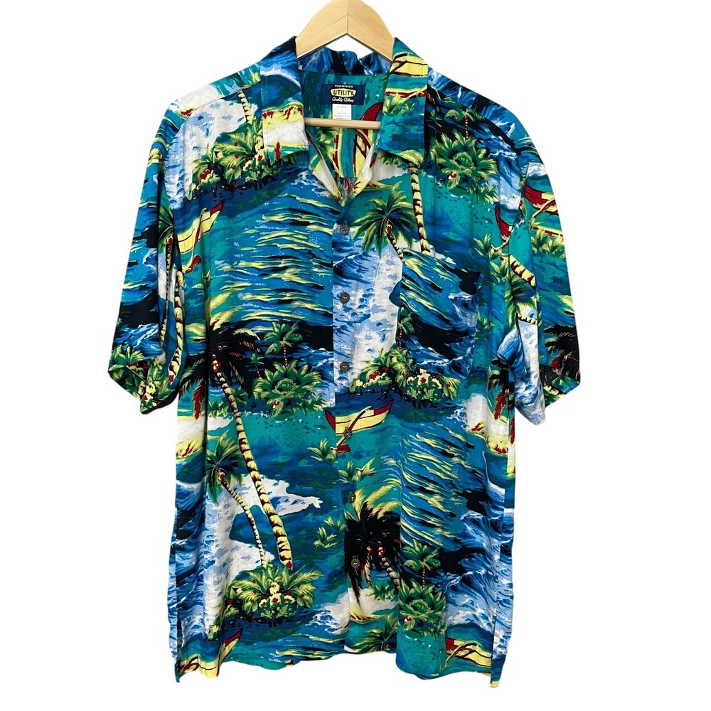 Vintage Utility Hawaiian Shirt MenTropical Beach Palm Trees Colorful Sz‎ Large